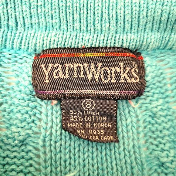 Vtg Yarnworks Teal Fold‑Over Collar Short‑Sleeve Linen/Cotton Sweater S Retro - Picture 4 of 8